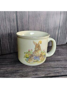Vintage Ceramic Mug With Bunny & Floral Design, Large Rabbit Cottagecore Cup